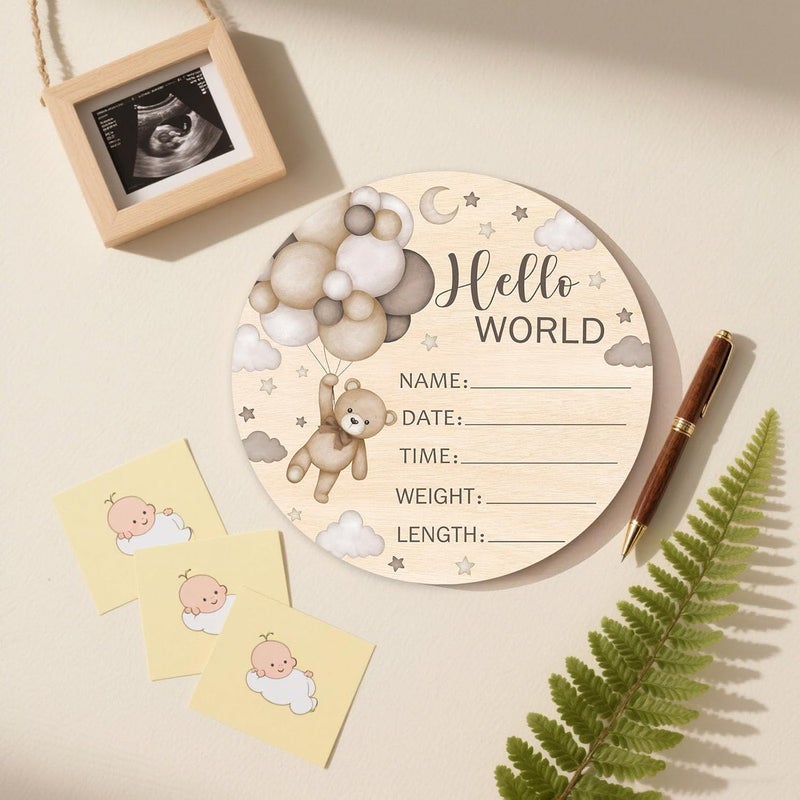 Andrain Double-Sided Wooden Newborn Birth Sign, Brown Bear Baby Announcement Sign, Bear Hello World Name for Hospital, Gift for New Mom Baby Shower, Photography Prop - Image 4